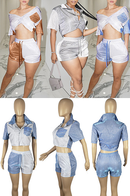 Bright silk flash composite fabric two-color splicing short two-piece set ZMM9161