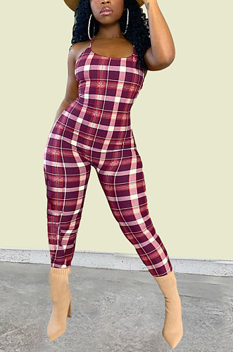 Open back lace up Plaid Jumpsuit JM021