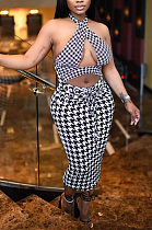 Thousand bird Plaid Scarf hollowed dress MDF5289