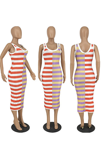Horizontal stripe color matching dress HY5250