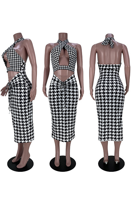 Thousand bird Plaid Scarf hollowed dress MDF5289