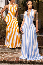 Striped halter strap backless women's dress DN8665