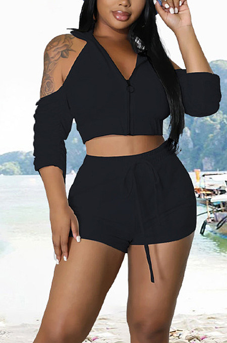 Zipper pleated backless l hooded two piece set HG171