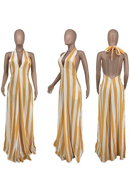 Striped halter strap backless women's dress DN8665