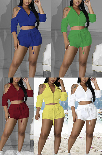 Zipper pleated backless l hooded two piece set HG171