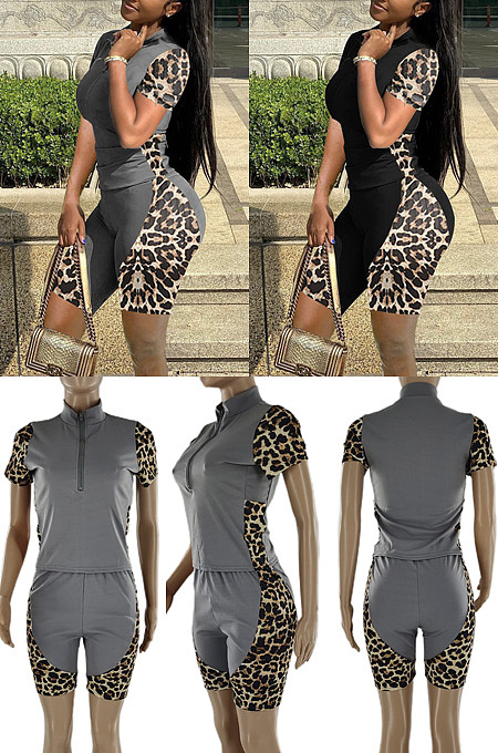 Zipper leopard stitching two piece set SQ959