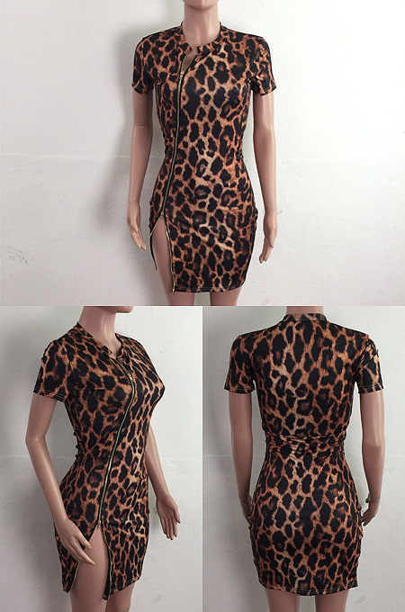 Zipper opening leopard Mini Dress LA3276