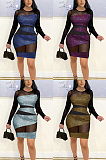 Perspective mesh stitched bright silk dress HSY19285