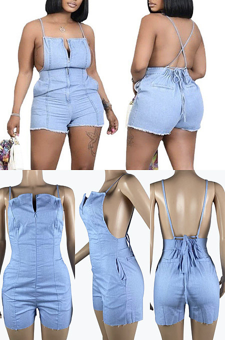 Zipper cut-out denim strap sleeveless Jumpsuit (including pocket)  CYC7077
