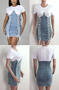 Denim color blocking washing corns bandage slim dress LA3292