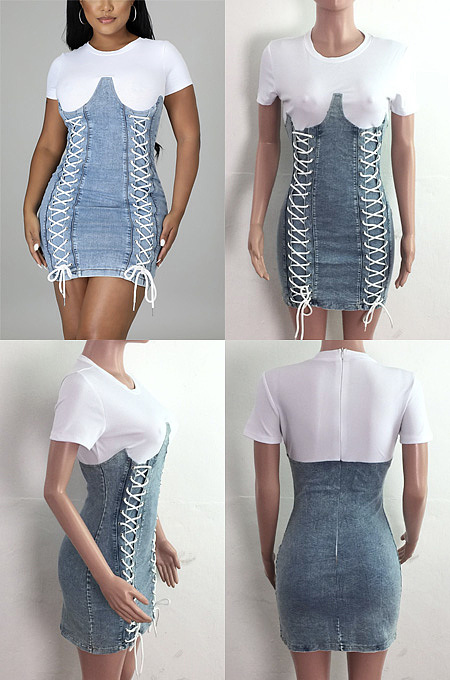 Denim color blocking washing corns bandage slim dress LA3292