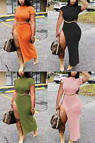 Cute open hem mid neck dress with waist chain MTY6613