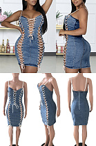 Side strap splicing suspender denim dress skirt JLX3505