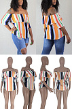 Off shoulder lotus leaf edge loose stripe short sleeve female WJ5010