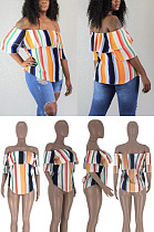Off shoulder lotus leaf edge loose stripe short sleeve female WJ5010