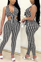 Qianniao grid deep V chest wrapped backless Pants Set XBE8018