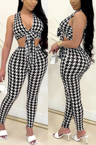 Qianniao grid deep V chest wrapped backless Pants Set XBE8018
