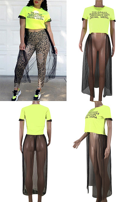 Casual printed mesh panel solid navel T-shirt SMD7008