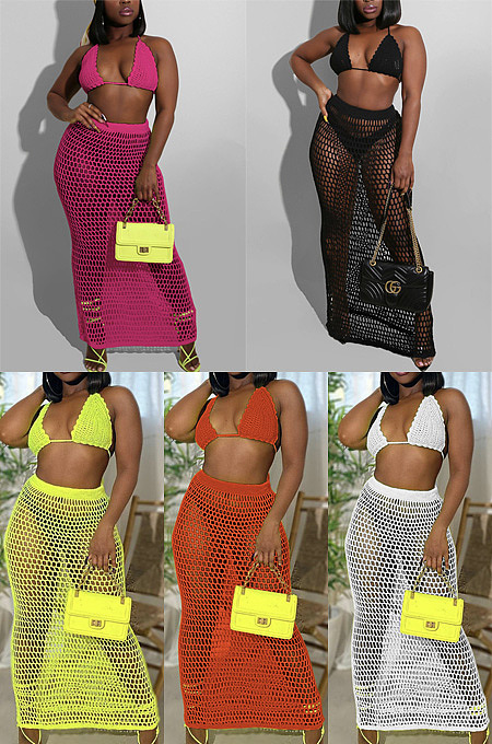 Hand knitted hollow grid perspective two piece suit ZS068