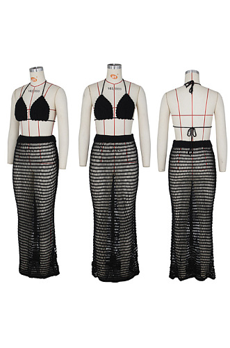 Hand knitted hollow grid perspective two piece suit ZS068