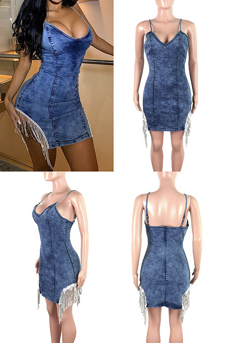 Tassel sequins exposed backpack hip denim skirt JLX6037