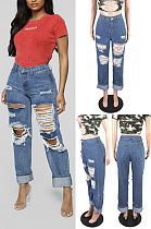 Baggy straight pants with holes washed jeans JLX5115