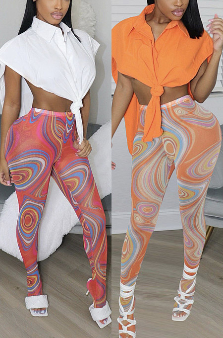 WHOLESALE| Sleeveless shirt printed mesh pants two piece suit YNS1696