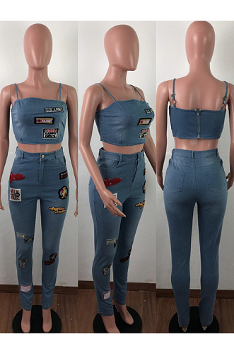 Cartoon patch cuffed jeans set QZ3283