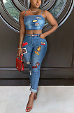 Cartoon patch cuffed jeans set QZ3283