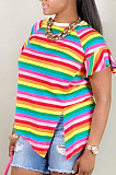 Ruffle sleeve color stripe stitching short sleeve T-shirt S669