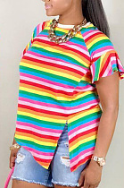 Ruffle sleeve color stripe stitching short sleeve T-shirt S669