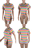 Ruffle sleeve color stripe stitching short sleeve T-shirt S669