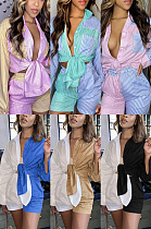 Cardigan patchwork striped commuter shirt set QQ5271