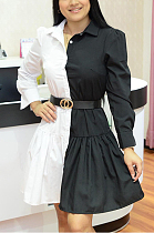 Black and white patchwork Lapel single breasted shirt dress YZ6022