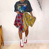 Irregular color block binding sleeve fake shirt plaid skirt YC8068