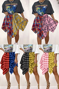 Irregular color block binding sleeve fake shirt plaid skirt YC8068