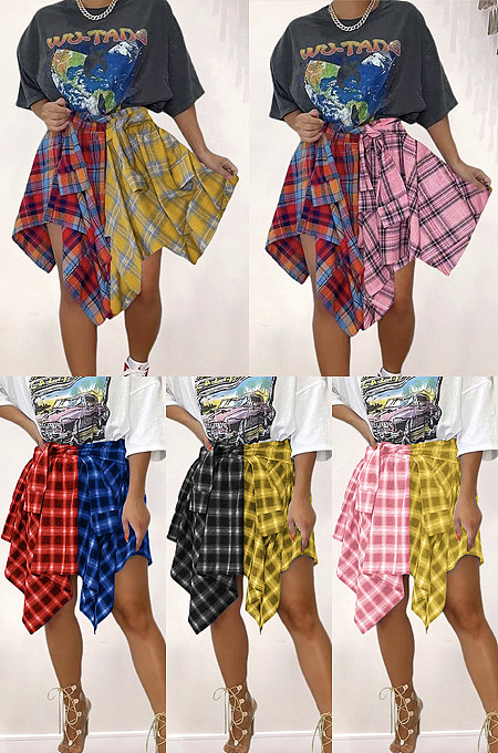 Irregular color block binding sleeve fake shirt plaid skirt YC8068