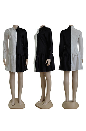 Black and white patchwork Lapel single breasted shirt dress YZ6022