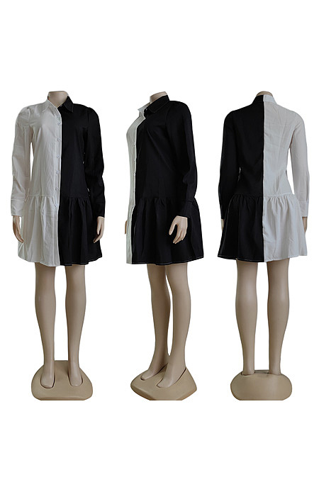 Black and white patchwork Lapel single breasted shirt dress YZ6022