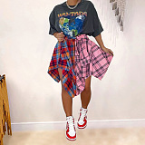 Irregular color block binding sleeve fake shirt plaid skirt YC8068