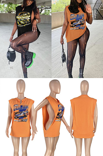 Racing Street printed sleeveless side cut T-Shirt Top HAA99122
