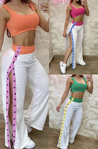  Side button open wide leg pants + vest BN7266