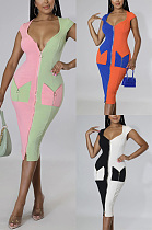 Pocket contrast U-neck short sleeve knit dress ME7574