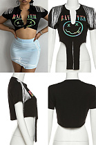 Printed cardigan lace up low cut tassel short sleeve SX15787