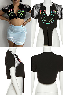 Printed cardigan lace up low cut tassel short sleeve SX15787