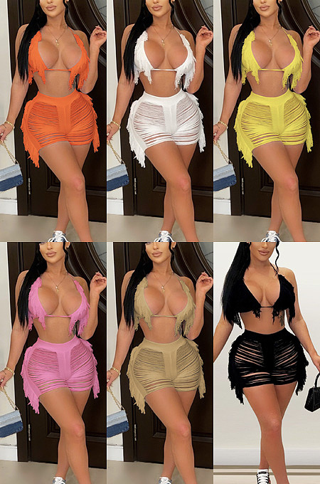 WHOLESALE| Knitted perspective tassel beach shorts cup set ZS0231