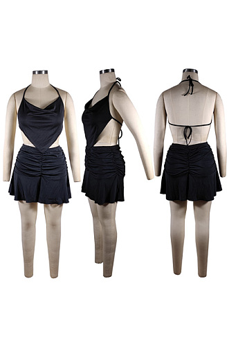 Solid color sling Pleated Skirt Set QQM4448