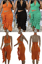 Pleated solid slit two piece skirt suit SQ90109