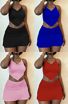 Solid color sling Pleated Skirt Set QQM4448