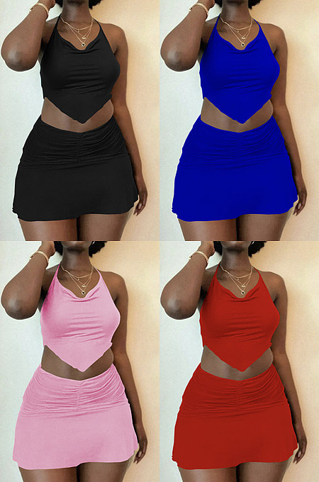 Solid color sling Pleated Skirt Set QQM4448